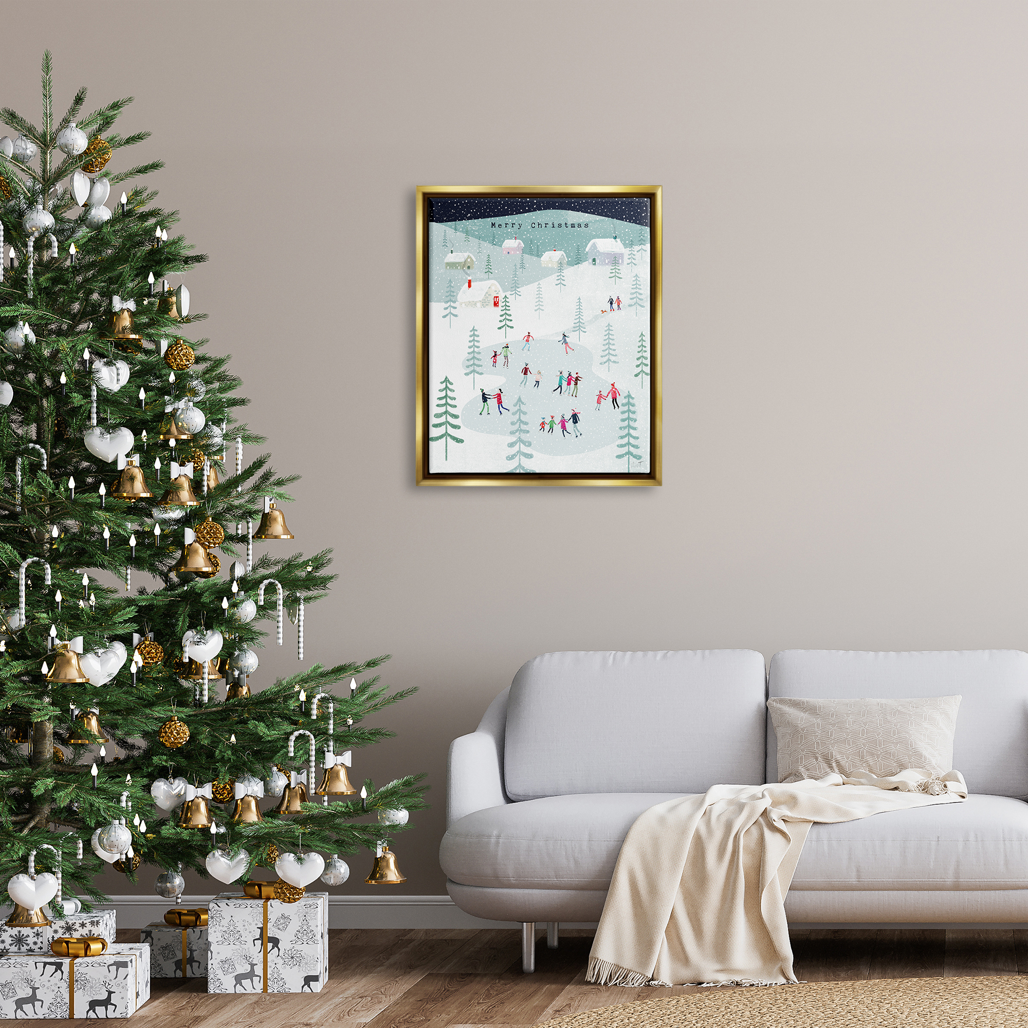 Stupell Industries Merry Christmas Winter Ice Skating Holiday Painting Gold Floater Framed Art Print Wall Art