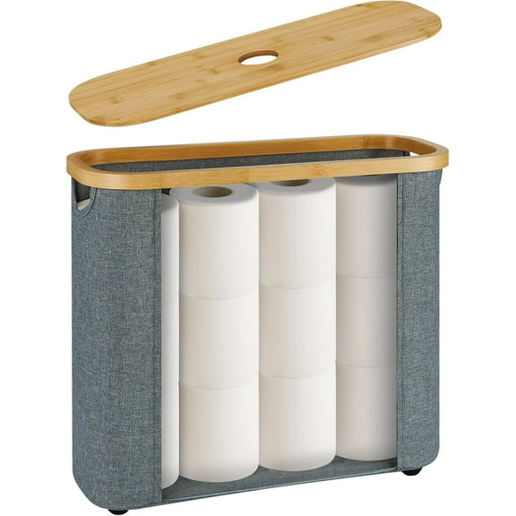 Toilet Paper Storage, Basket with Bamboo Lid and Clear Window, Bathroom Organizer, Holds 12 Rolls