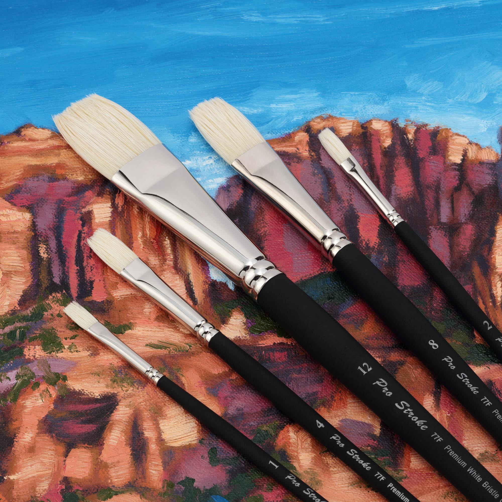 Creative Mark Pro Stroke Premium White Chungking Hog Bristle Artist Paint Brush - Flats Set of 5 - Natural Bristle Brush w/ Soft Touch Handle for Oils, Watercolors, Acrylics, Alkyds, Caseins