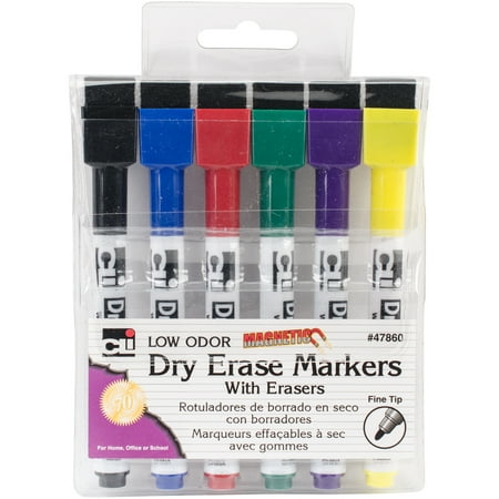 Magnetic Dry Erase Markers With Eraser Caps 6/Pkg Assorted