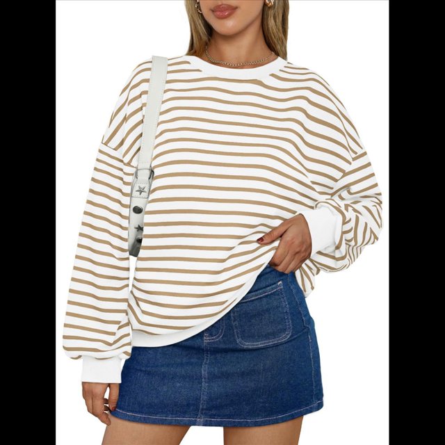 Sudadera de Cuello Redondo A Rayas de Gran Tamaño para Mujer, Jersey de Larga con Bloques de Color, Camiseta Informal Holgada para Hacer Ejercicio, Color Caqui L