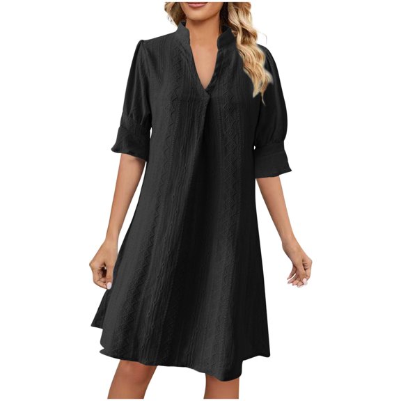 Bosfbaoi Women's Dress V Neck Short-Sleeve Dress Solid Color Casual Straight Cut Dress 2034 Summer Women's Dresses
