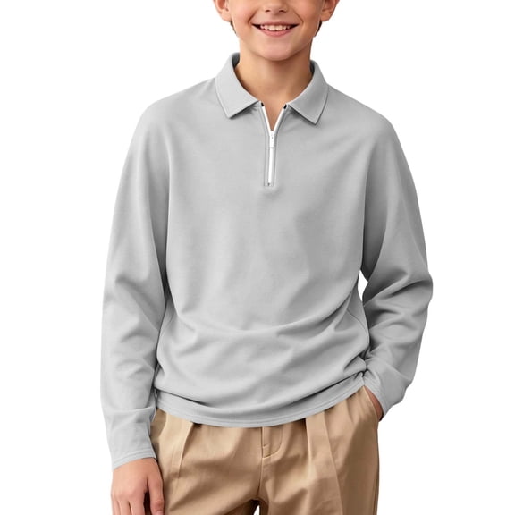 Mooqilaa Boys Long Sleeve Polo Shirts Size 10-12, School Uniform Half Zip Casual Collared Fall Tops Gray