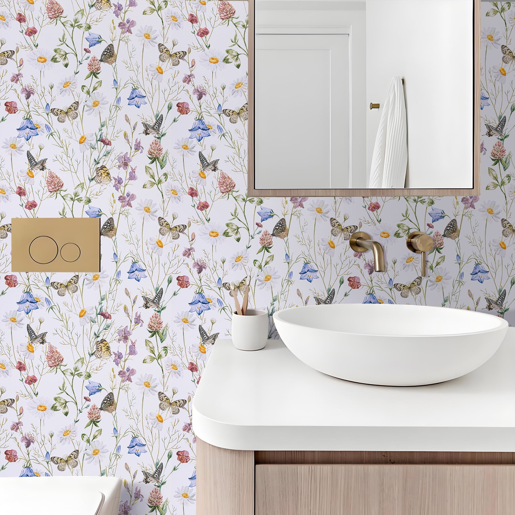 Abyssaly Floral Peel and Stick Wallpaper 17.3" × 393.7",Butterfly and Flower, White Removable Self-Adhesive Vinyl Wall Paper for Home Decor