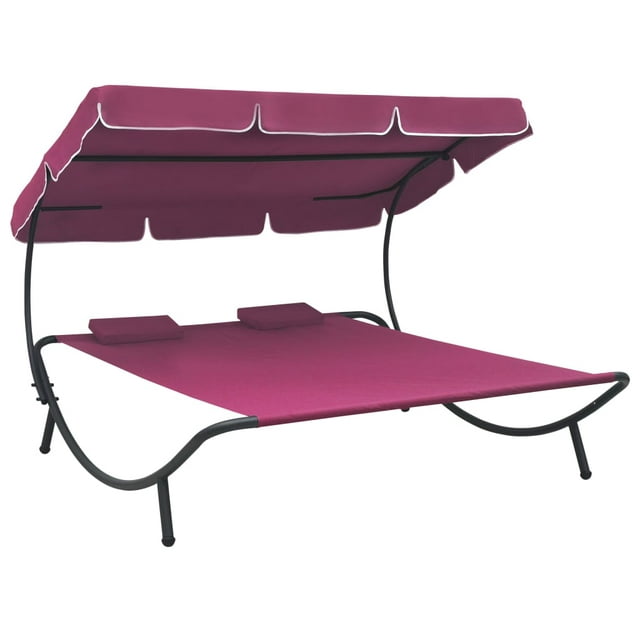 Patio Double Chaise Lounge Sun Bed with Canopy and Pillows,Outdoor Daybed Reclining Chair (Pink)