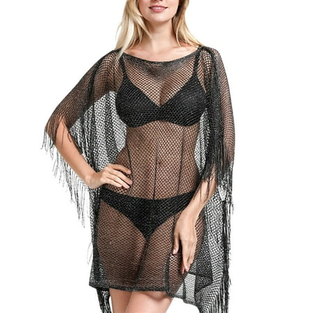 MSJUHEG Pool Cover Ups for Women Swim Cover Up for Women Gauze Dress for Women Sheer Button Up Blouse Chiffon Cardigan for Women Beach Towel Fringed Edge Smock Shawl Swimsuit Smock Black One Size