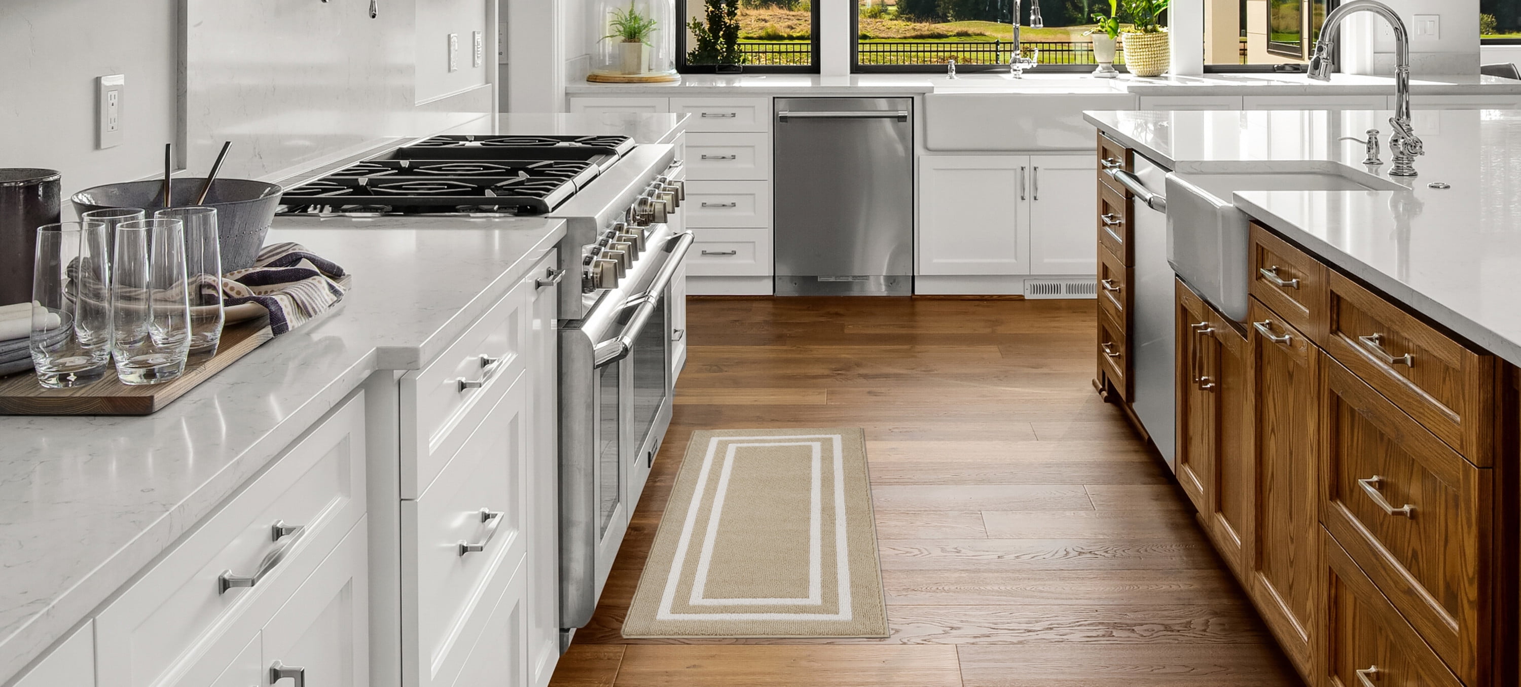 Washable Skid-Resistant Runner Rug, Border, Beige and White, 26" x 45"