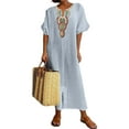 thumbnail image 1 of FASHIONWT Women Casual Cotton Linen Embroidered Slit Smock Dress, 1 of 4