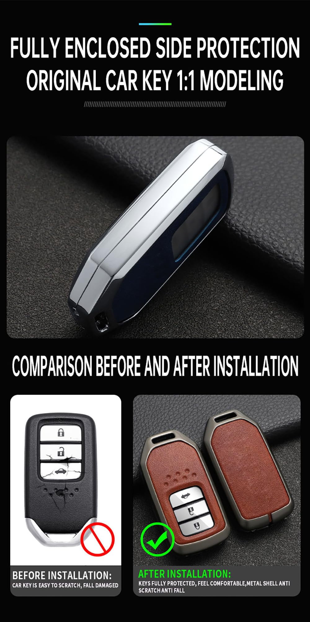 Metal and Leather Key Fob Housing Car Key Holder Fit for Honda Civic Accord Pilot CRV HRV CRZ Fit Odyssey JED Crosstour Ridgeline Crider Spirior Accessories