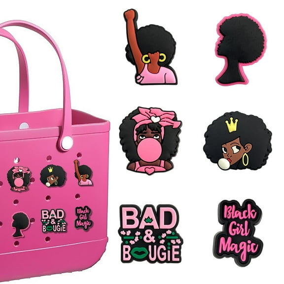 Pink Black Girl Charms for Bogg Bag Clips Insert Bogg Bag Accessories for Women Totes, Rubber Tote Bag