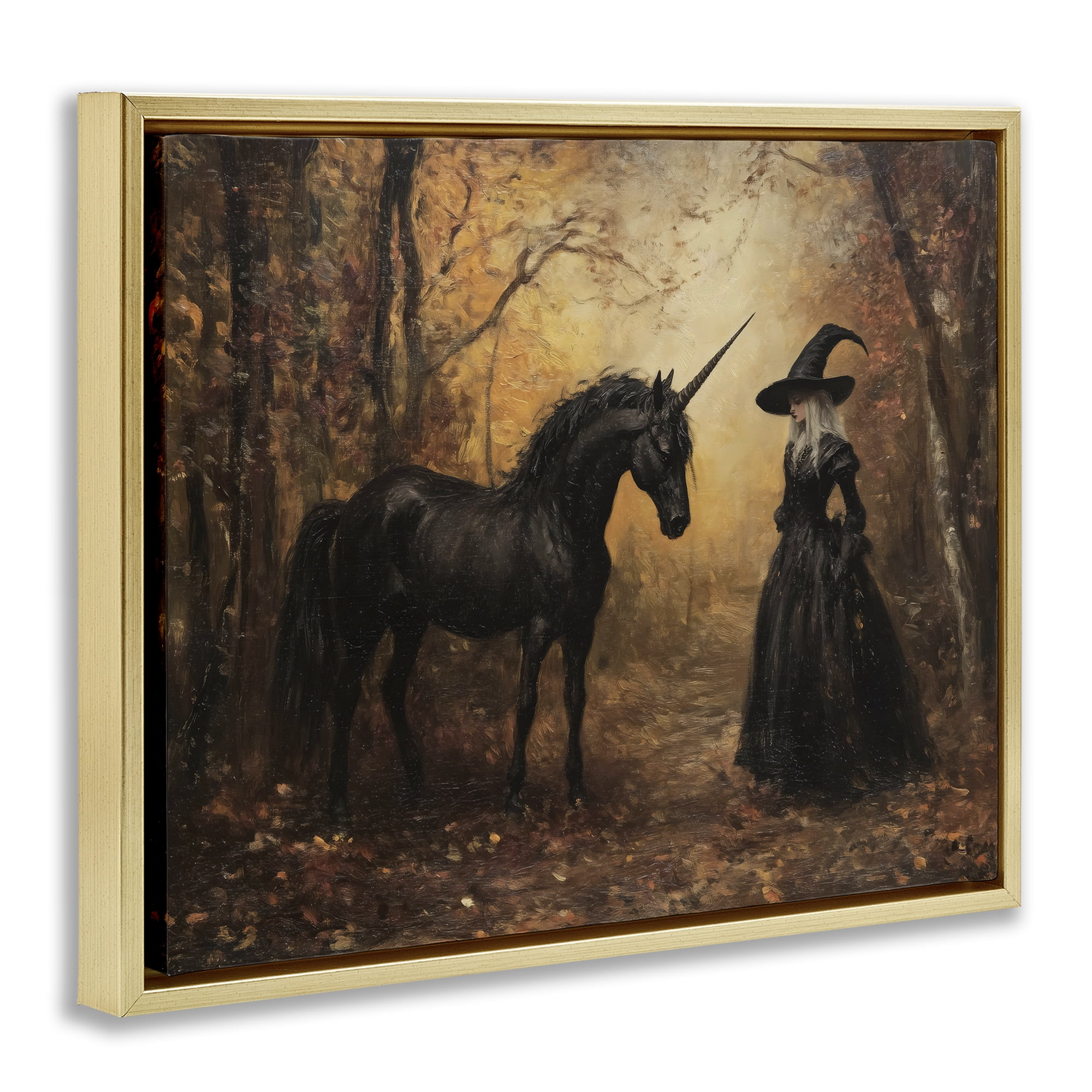 Witch & Black Unicorn Gold Framed Floater Canvas Wall Art, design by Arlington Prints