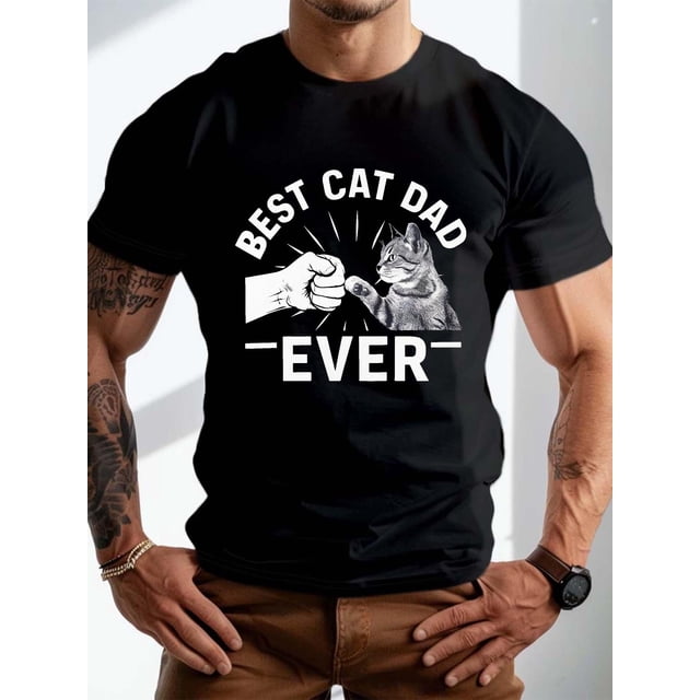 Meilleur Papa Chat de Tous les Temps" Graphique pour Hommes - Polyester Respirant, T-Shirt Décontracté à Col Rond pour l'Été pour Adulte, Hommes, Femmes, Adolescents
