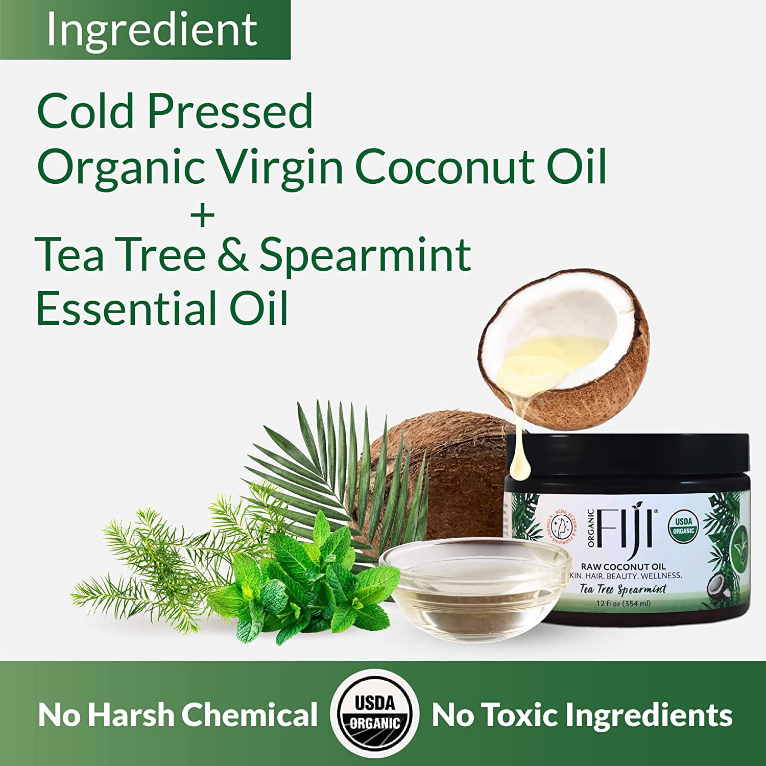 Raw Cold Pressed Coconut Oil for Hair, Skin, Face & Body | Relaxing Massage Oil | Tea Tree Spearmint,12 oz for Women Men & Baby