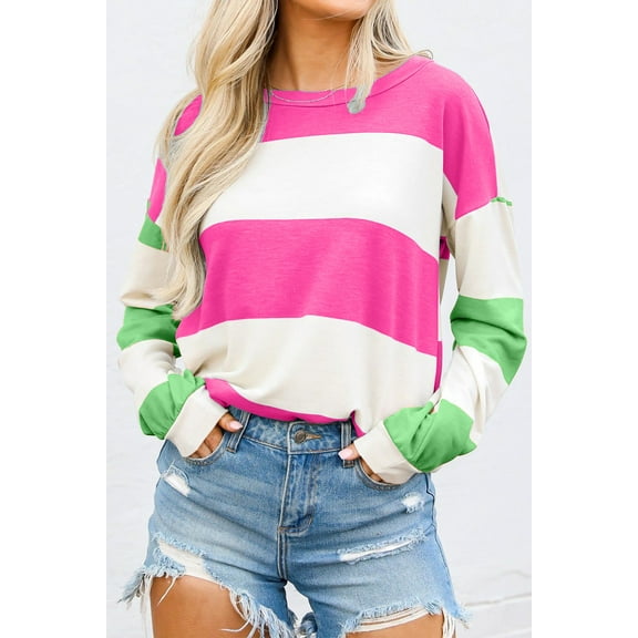 Plusashion Vibrant Red Striped Drop Shoulder Top - Fashionable Long Sleeve Tee