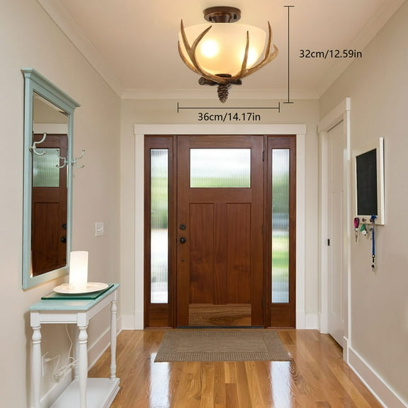 Antler Glass Semi Flush Mount Fixture Ceiling Lighting, 3-Light Bronze Rustic Antler Bowl Style Ceiling Light