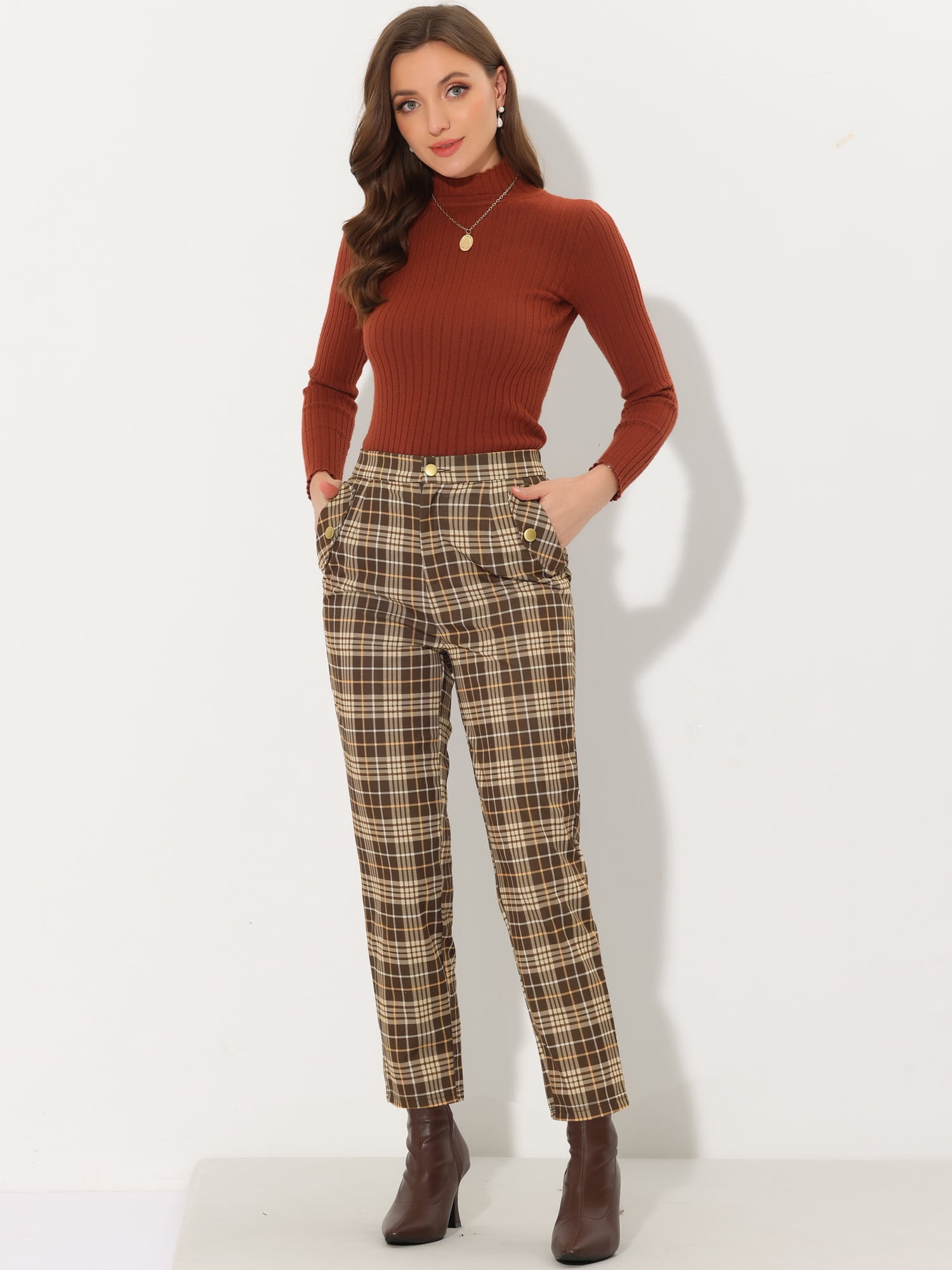 DARING DIVA Women's Tartan Plaid Pants Elastic Waist Straight Trousers XS Brown Beige