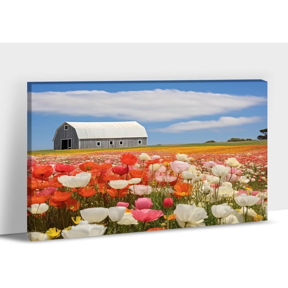 Farmhouse Wall Art - Farmhouse Barn Pictures Wall Decor, Rustic Spring Barn Picture Wall Art, Farm Flower Field Canvas Print Framed For Room Decor Ready To Hang 12x18inches