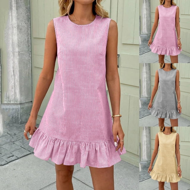 IFNWSV Robes d'Été pour Femmes, Robe Sans Manches à Rayures à Col Rond Décontractée et Ample Style Mode pour le Printemps et l'Été, Tenue Quotidienne Extérieure de Loisirs, Robes pour Femmes Rose P
