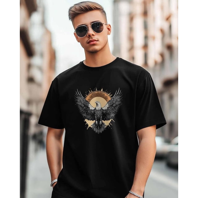 Camisetas de manga corta con águila negra para hombre, camisetas de cuello redondo