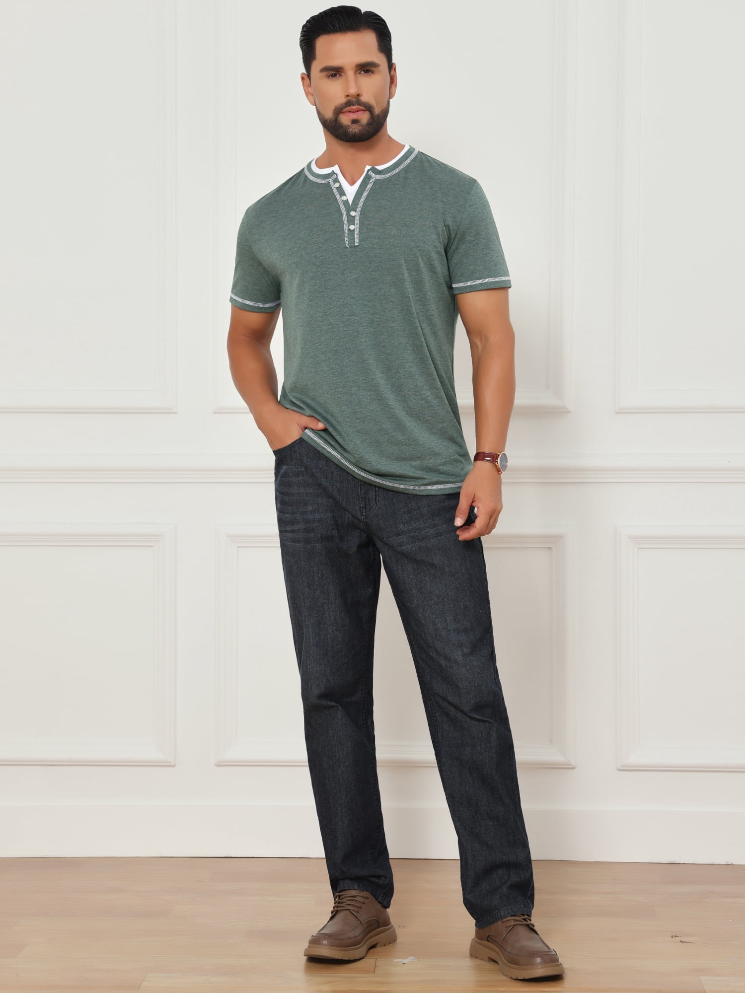 DARING DIVA Men's Henley V-Neck Colorblock Button Down Short Sleeve T-Shirt M Green