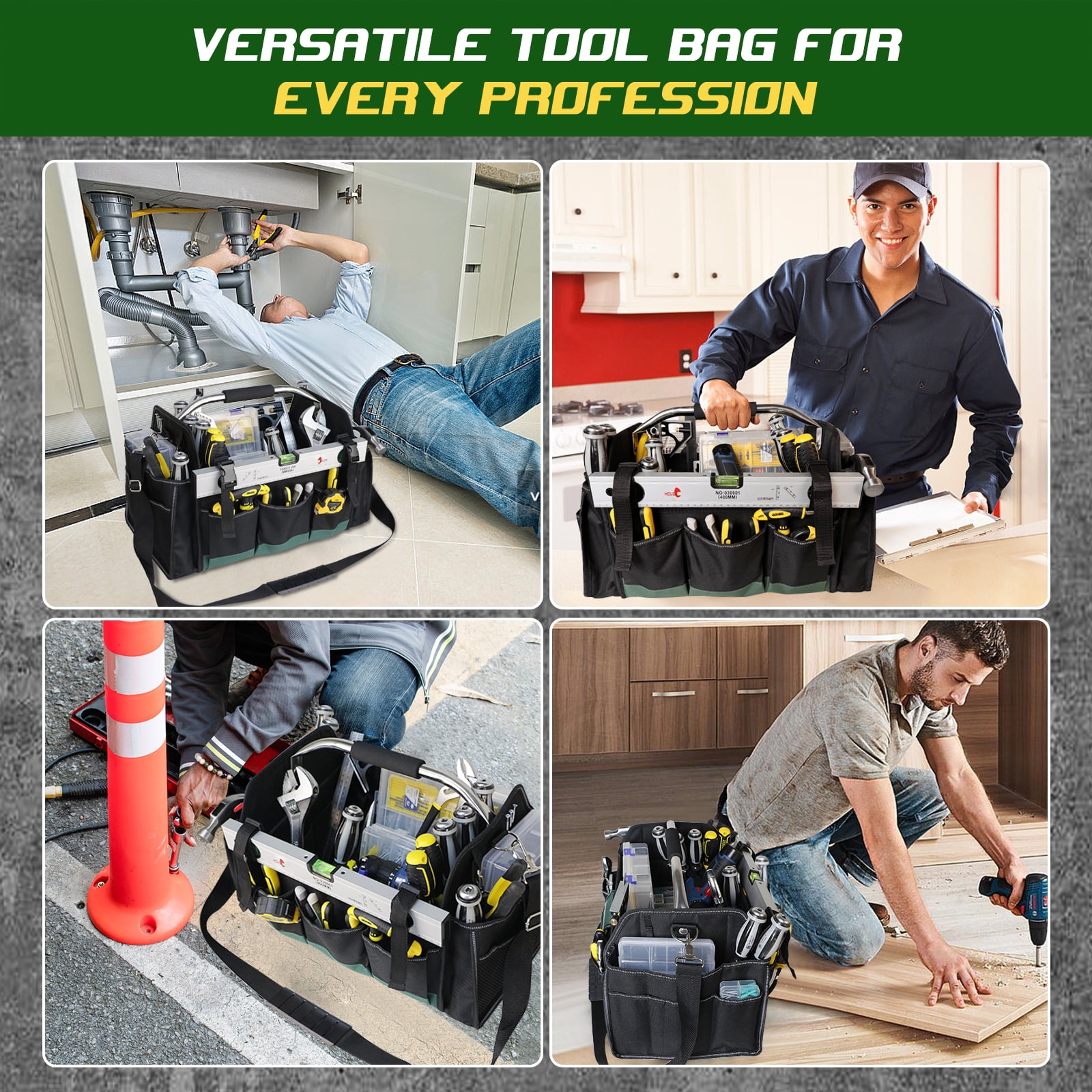 18" Heavy Duty Tool Bag, Open Top Tool Tote for Electricians, 30 Pockets, 1680D Oxford Fabric, Foldable with Rotating Handle, Reflective Tool Bag, Green