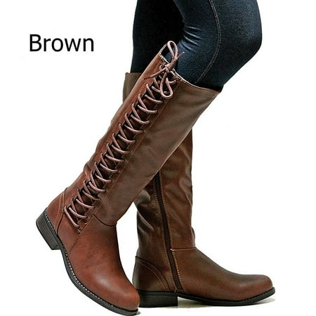 

Foraging dimple Flat-heel Lace-up Side Zip Flat-bottom Tall Boots Leather Women s Shoes Women s Boots Brown