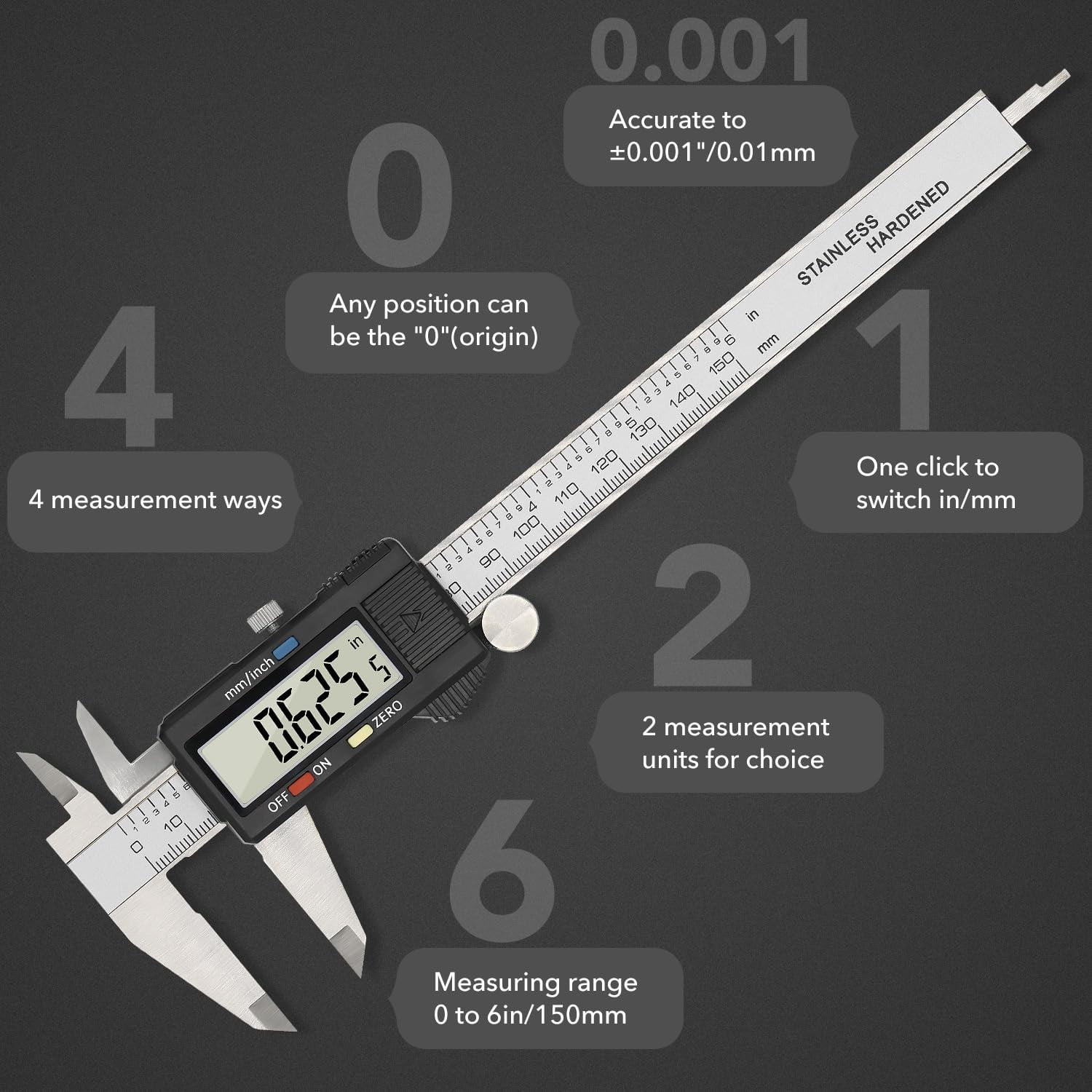 Digital Caliper Precise Measuring Tool, Vizbrite 6 inch