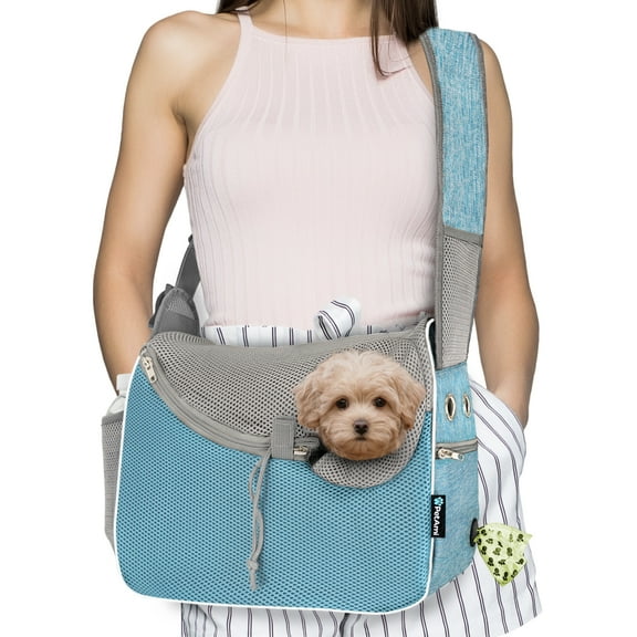PetAmi Small Dog Sling Carrier, Soft-Sided Crossbody Puppy Carrying Purse Bag, Adjustable Sling Pet Pouch to Wear Medium Dog Cat Travel, Dog Bag for Traveling, Breathable, Poop Bag Dispenser, Blue