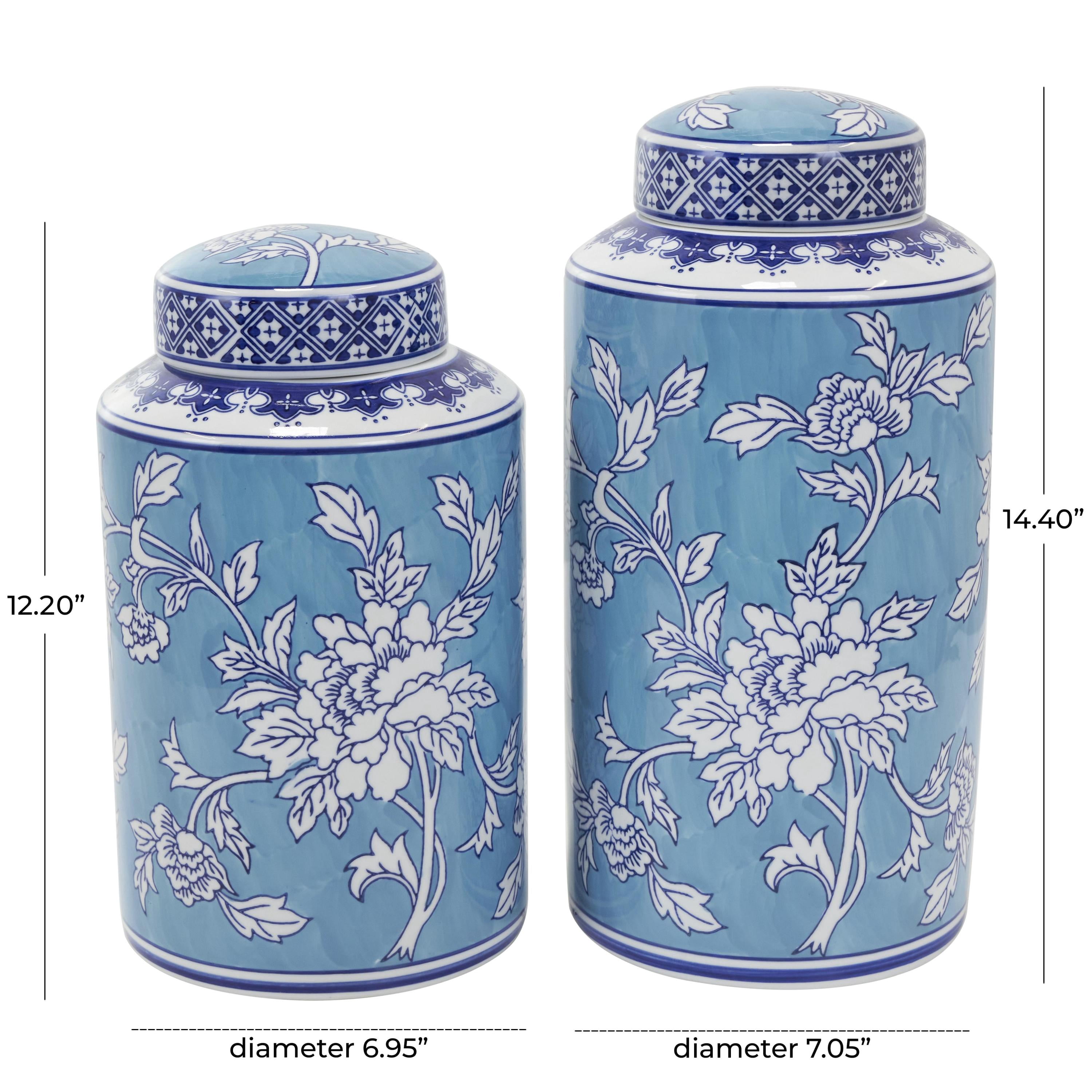 DecMode 12", 14"H Blue Ceramic Decorative Jars with White Floral Patterns, 2-Pieces