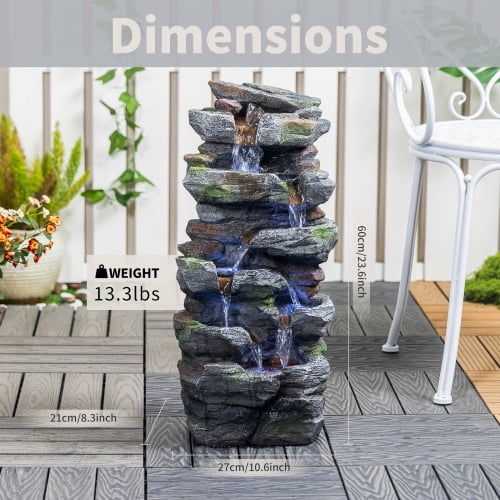 Rock Waterfall Outdoor Fountain with LED Lights, 23.6" Cascading Tiered Stone Garden Fountain, Resin Water Feature for Patio Lawn Backyard Décor, Gray