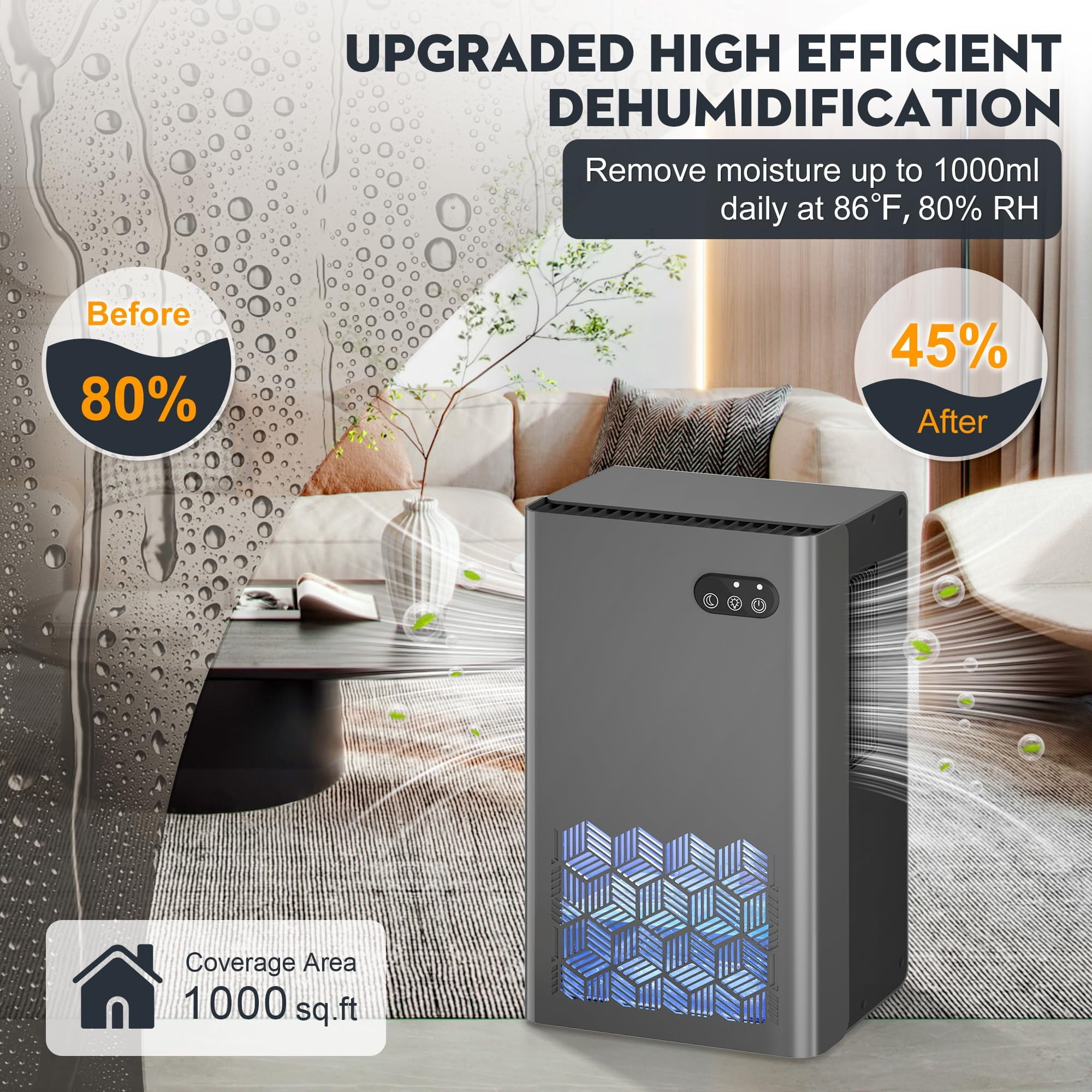 Dehumidifier, 95 OZ Water Tank, 950 sq.ft Dehumidifiers for Home Bedroom Basement Bathroom with Auto Shut Off, 7 Colors LED Light,Grey