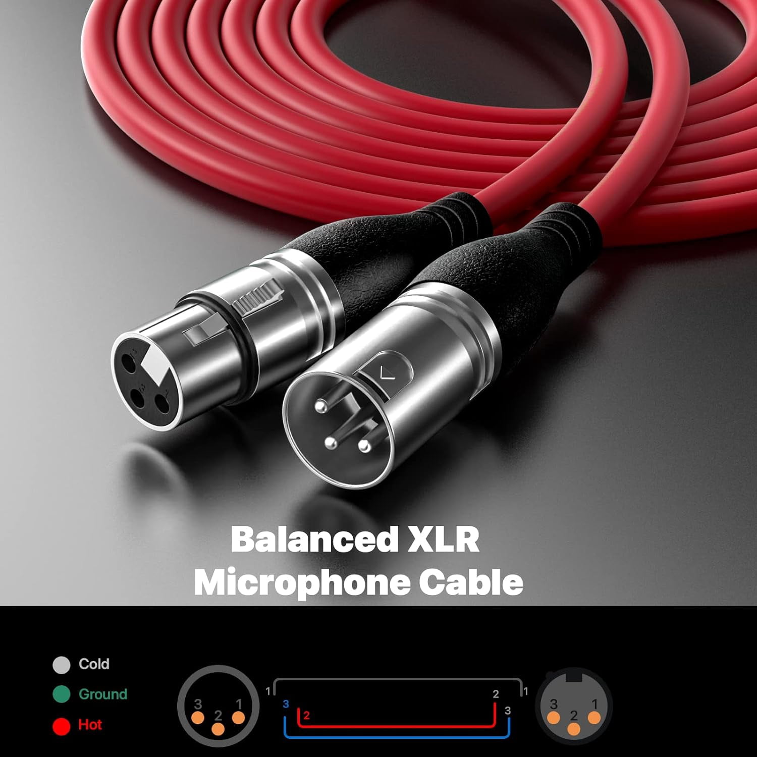 Red XLR Cable Male to Female 10ft 2-Pack By EBXYA, Color-Coded & Tangle-Free for Multi-Channel Mixer, Live Sound and Studio Recording