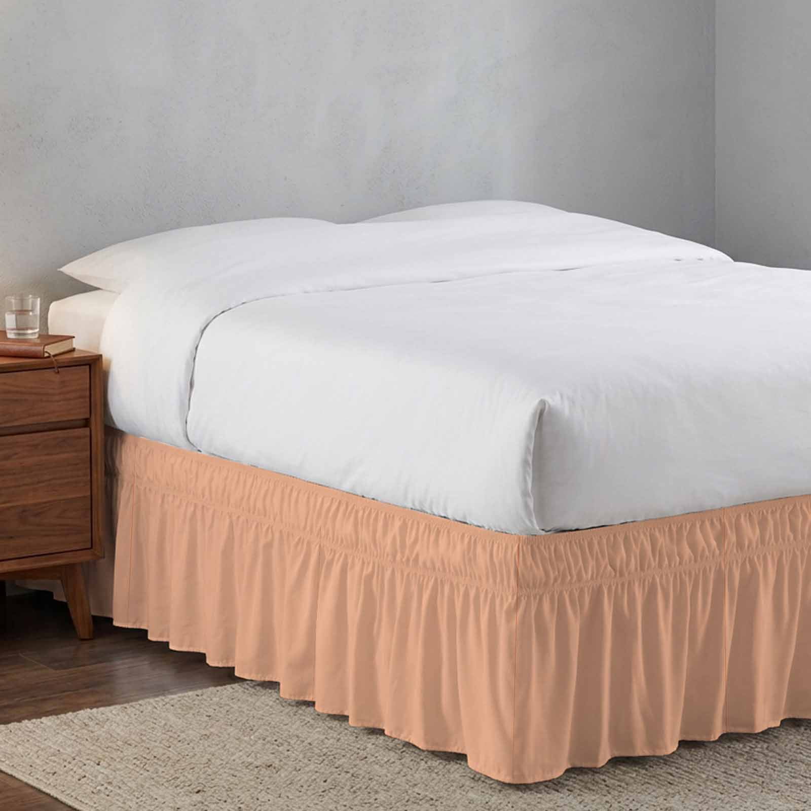 Bed Skirt Peach Fuzz Adjustable Elastic Wrap-Around Dust Ruffle with Coral 16 Inch Drop, Bed Frame Cover for Queen Size Bed