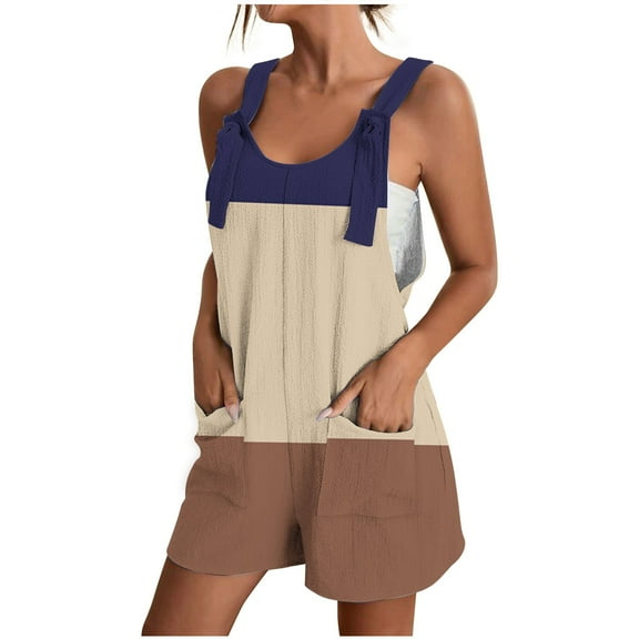 ZQGJB One Piece Rompers for Women Casual Summer Sleeveless Color Block Print Adjustable Knot Strap Jumpsuits Loose Wide Leg Comfy Short Overalls with Pockets Blue XL