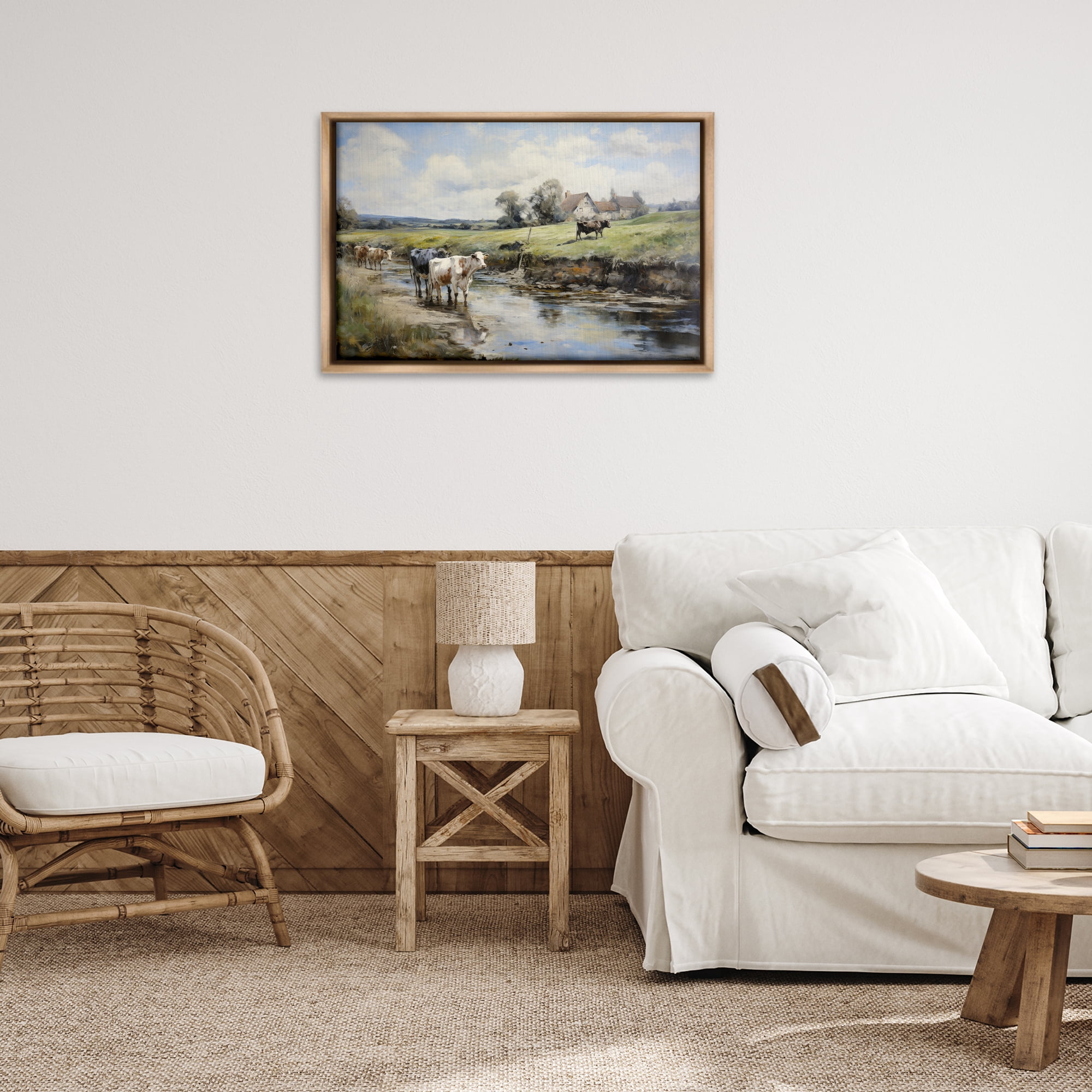 Stupell Industries Free Roaming Cattle Landscape & Nature Painting Brown Floater Framed Canvas Art Print Wall Art, 31 x 21
