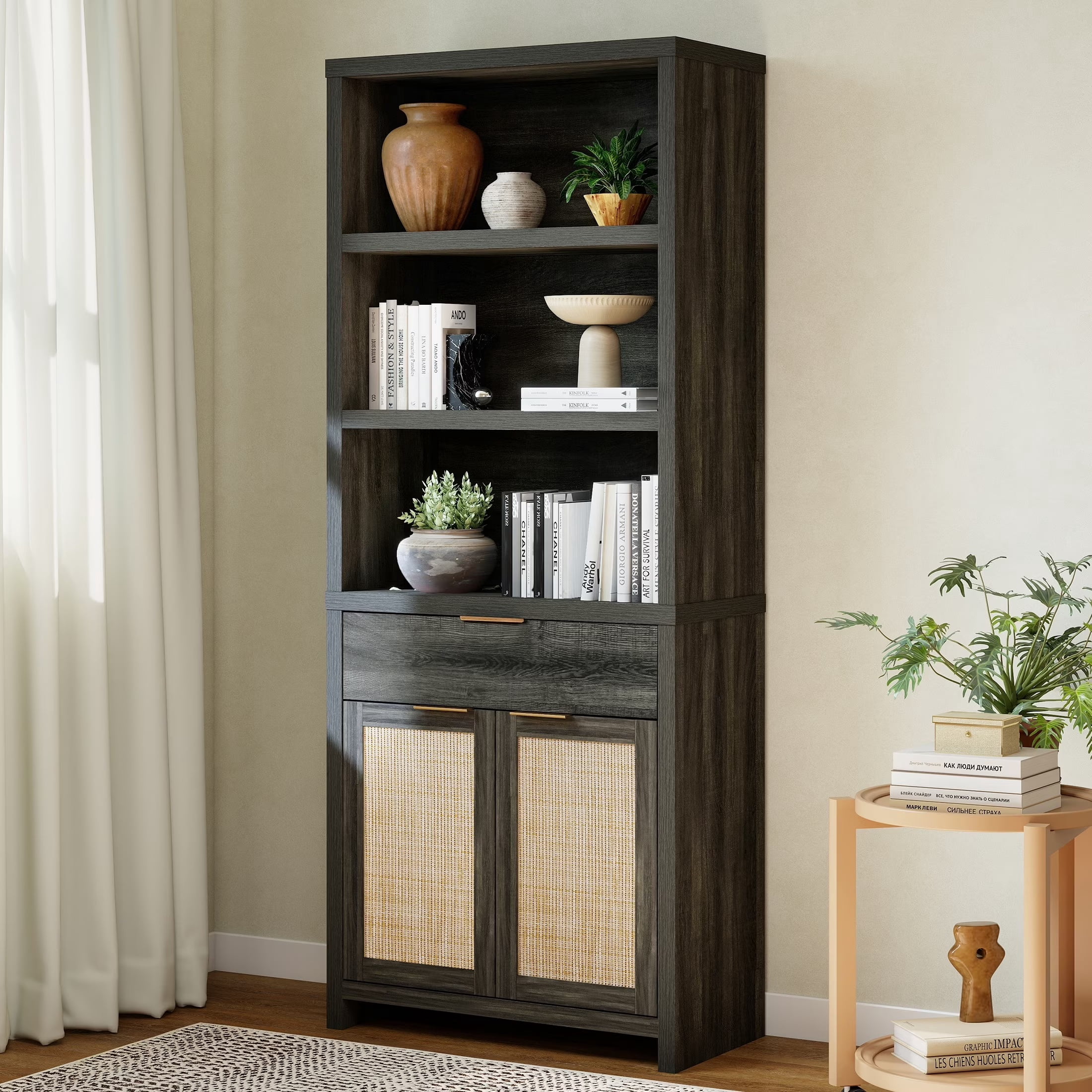 ARKANTOS Rattan Bookcase with Doors, 5 Shelf Adjustable Bookshelf and Storage Cabinet, Charcoal Oak