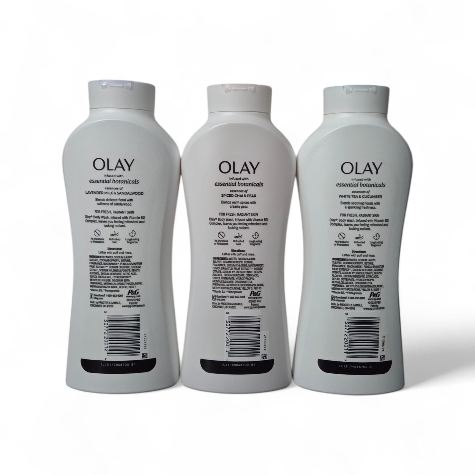 Olay Essential Botanicals Body Wash, 3-Pack (Lavender Milk & Sandalwood, Spiced Chai & Pear, White Tea & Cucumber), 23.6 fl oz Each