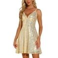 thumbnail image 4 of INSPIRE CHIC Women's Dress Glitter Sequin Spaghetti Strap Tie Back Backless Clubwear Mini Party Dress  XS Gold, 4 of 5