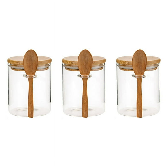 3X Glass Food Airtight Canister Lid Storage Tank Jar Food Container with Wooden Spoon