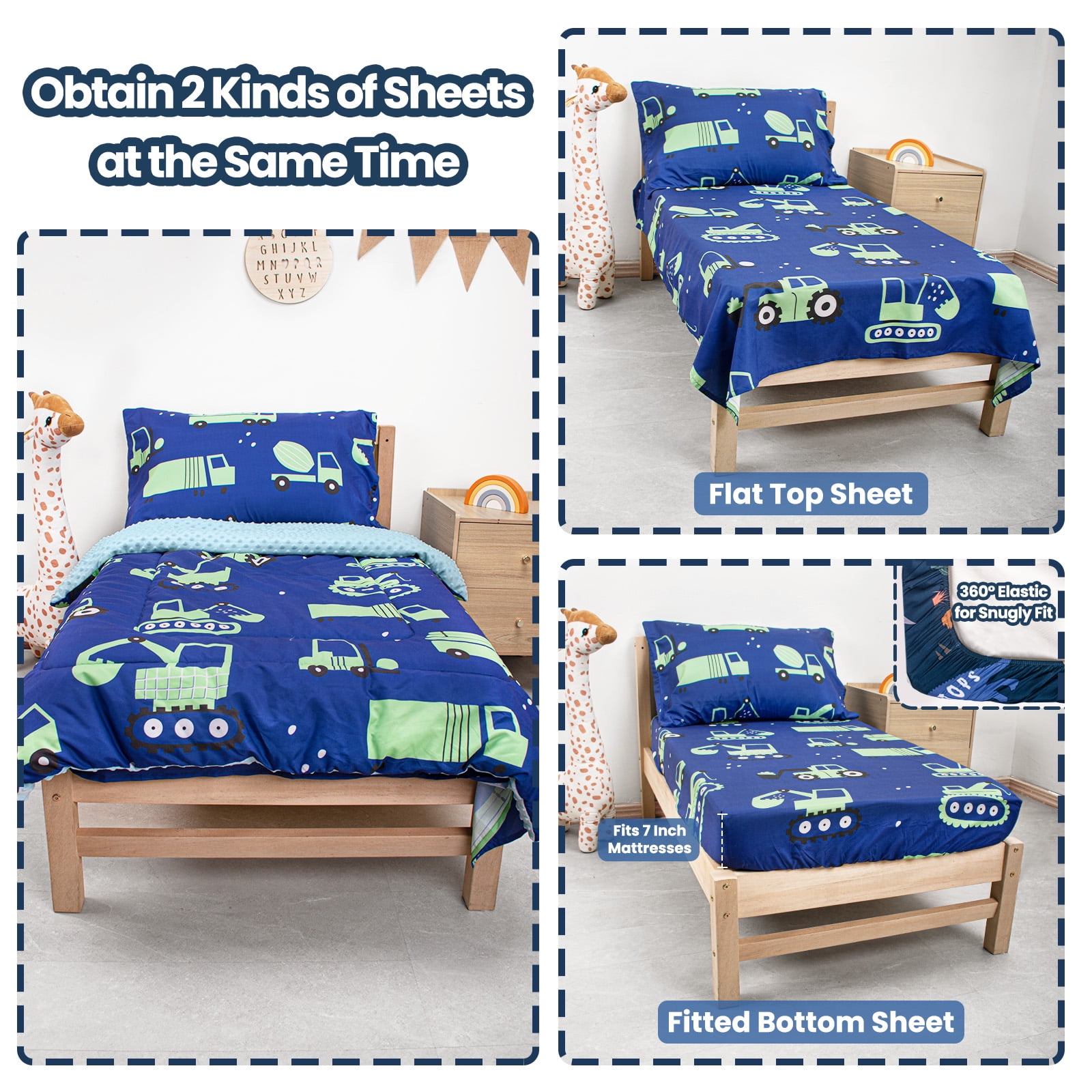 Beavtaens 4 Piece Toddler Bedding Set, Breathable and Soft Baby Sheet Set, Includes Quilted Comforter, Flat Sheet, Fitted Sheet and Pillowcase for Boys (Green Cars)
