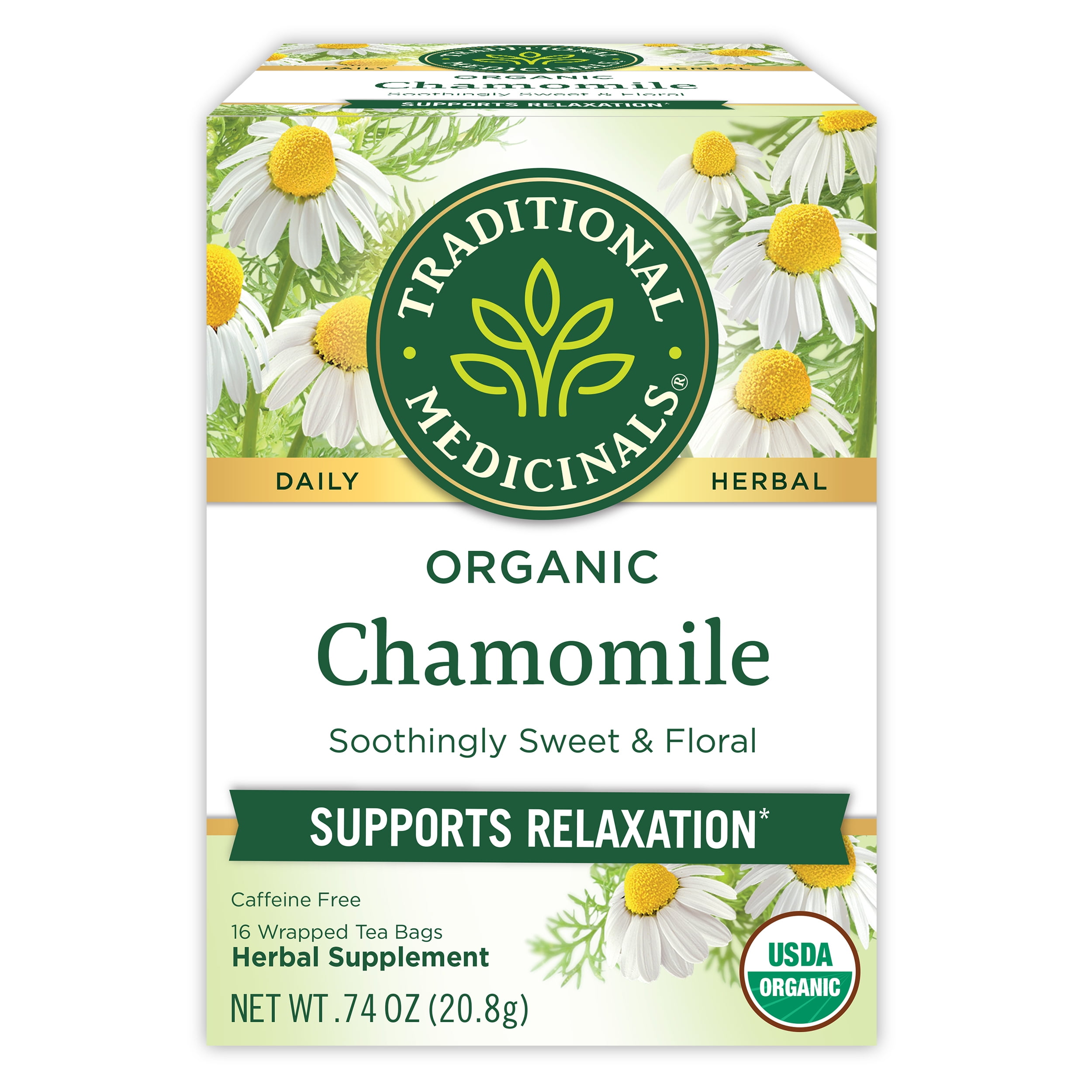 (4 pack) Traditional Medicinal Chamomile, Herbal Tea Bags, 16 Count