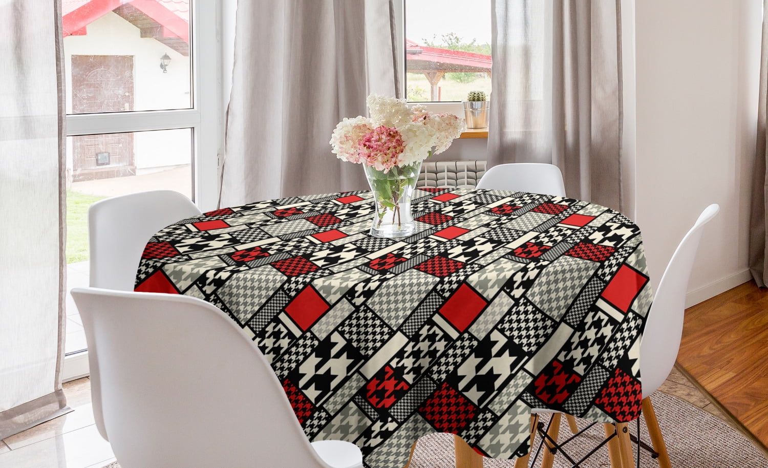 Modern Round Tablecloth, Minimalist Abstract Pattern with Retro Fashion