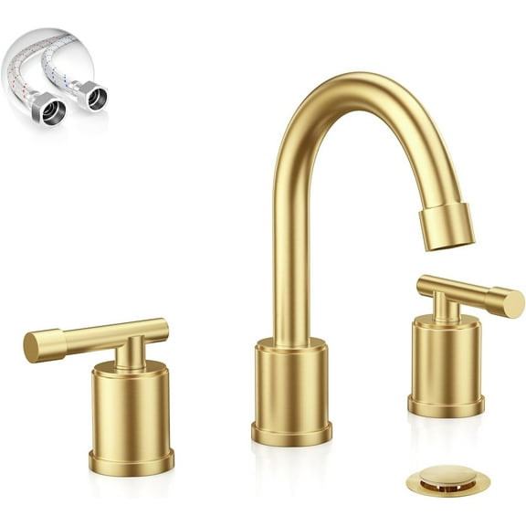 Brushed Gold Widespread 8 Inch Bathroom Faucet，3 Holes 2 Handles Modern Bathroom Sink Faucet with Metal Pop-Up Drain & Water Supply Line,WFZY01-BG