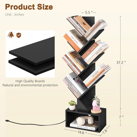 6 Tier Tree Bookshelf with LED Lights, Tall Freestanding Storage Shelf for Home Office, Living Room, Black