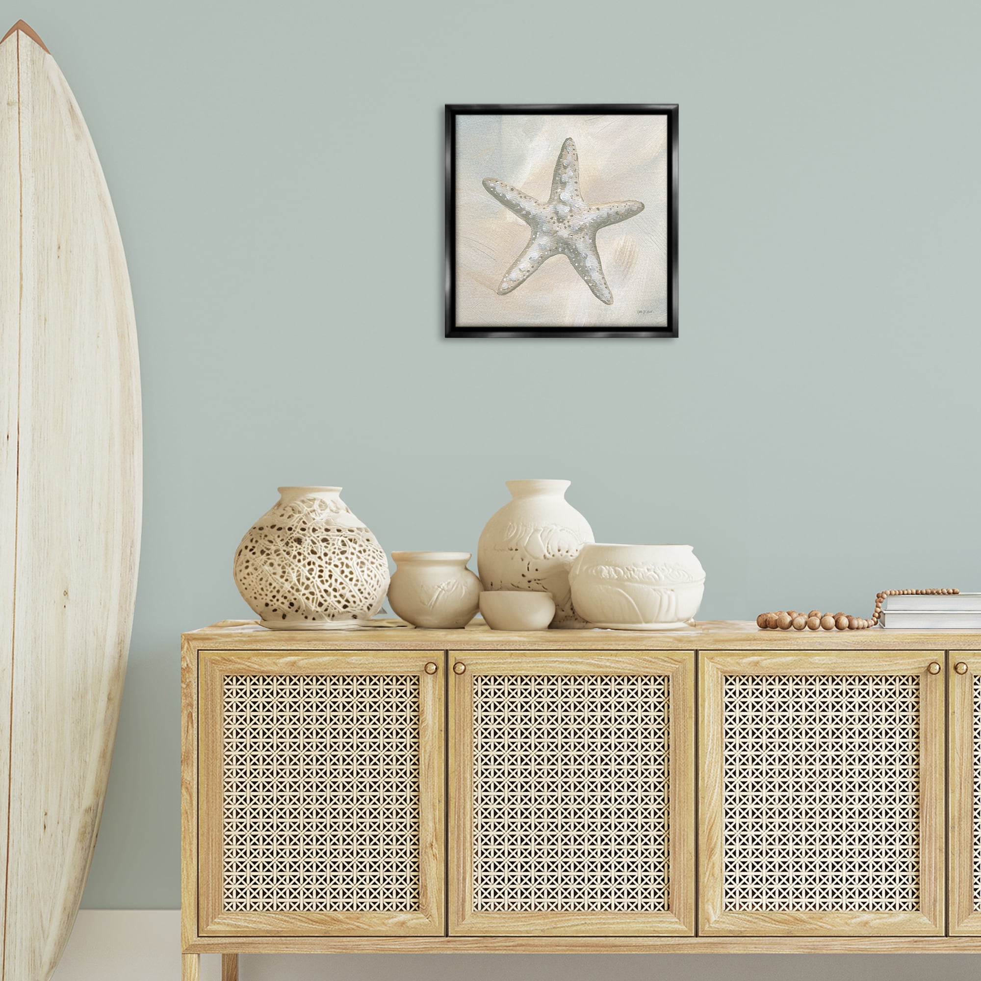 Stupell Industries Simple Beige Starfish Coastal Painting Black Floater Framed Canvas Art Print Wall Art, 18 x 18