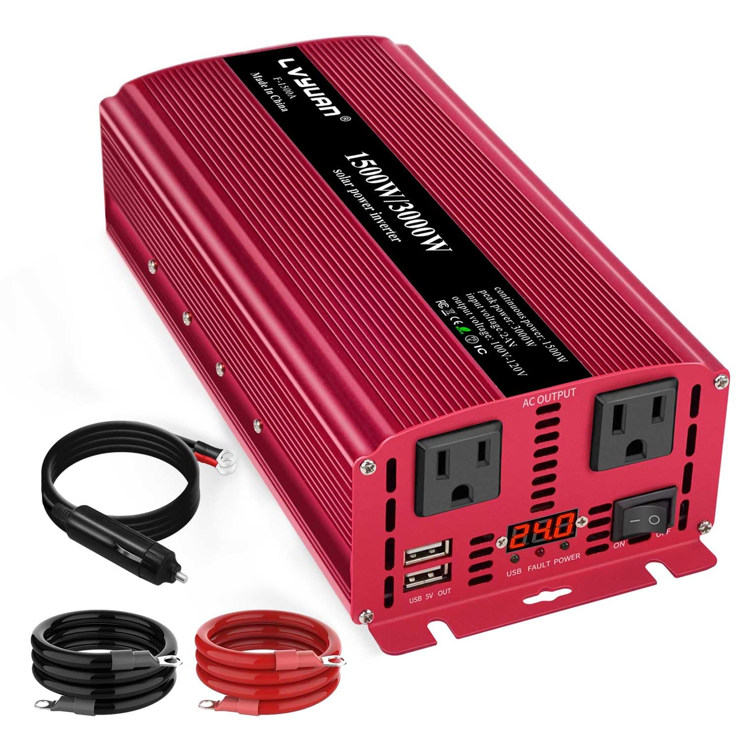 Yinleader 24V to 120V 110V 1500W Car Power Inverter 1500 watt Convert Frome DC 24 Volt to 120 Volt AC with LED Display for Car RV Home Solar C88