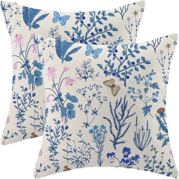 Summer Pillow Covers 18x18 Inch Set of 2,Blue Wild Flower Plant Throw Pillows Case,Seasonal Floral Outdoor Decorative Square Farmhouse Decor Cushion Covers for Home Sofa Bed Couch