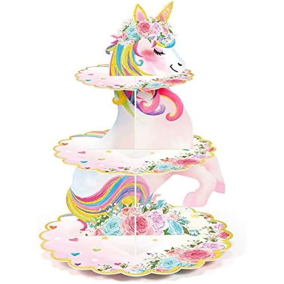 3 Tier Unicorn Cupcake Stand Party Decorations Rainbow Unicorn Birthday Cupcake Holder Dessert Tower for Kids Party Baby Shower Wedding Family, Cute Color
