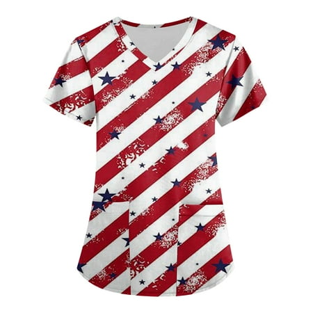 

Sksloeg Scrub Top for Women Fashion 2023 American Flag Star Print Patriotic Top V-Neck Workwear Short Sleeve T-Shirts with Pockets Nursing Working Uniform Wine XXL