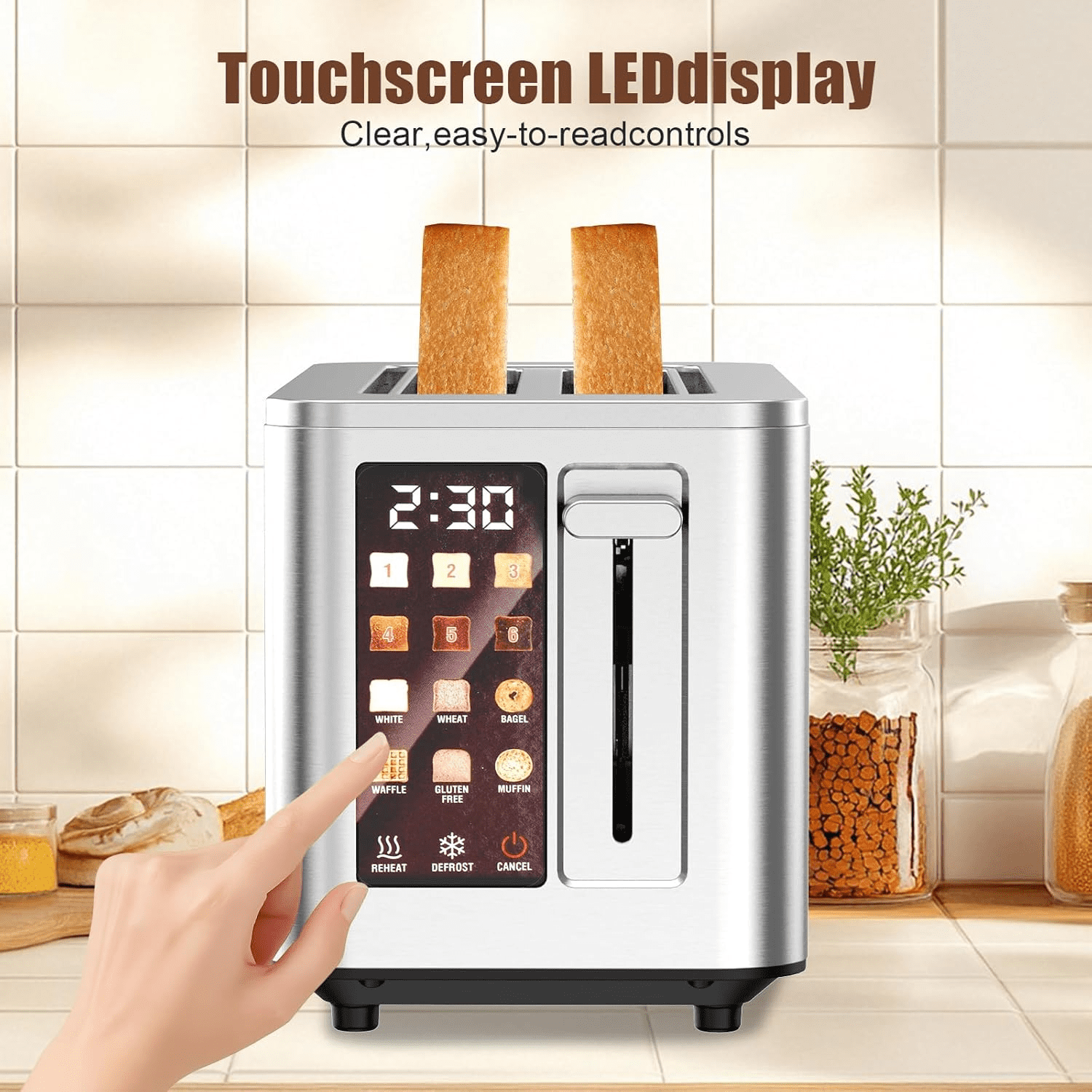 Digital 2 Slice Toaster, Stainless Steel Touchscreen Bread Toaster with LED Countdown Timer, 1.5" Extra Wide Slots, 6 Bread Types & 6 Shade Settings, Defrost/Reheat/Cancel Functions, Silver